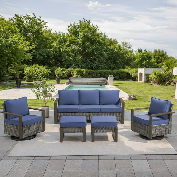 POCASSY 5PCS Patio Furniture Set with Sofa, Swivel Chair and Ottoman, All Weather Wicker Conversation Set Outdoor Seating Group for Pool, Backyard, Garden, Gray Wicker Blue Cushion