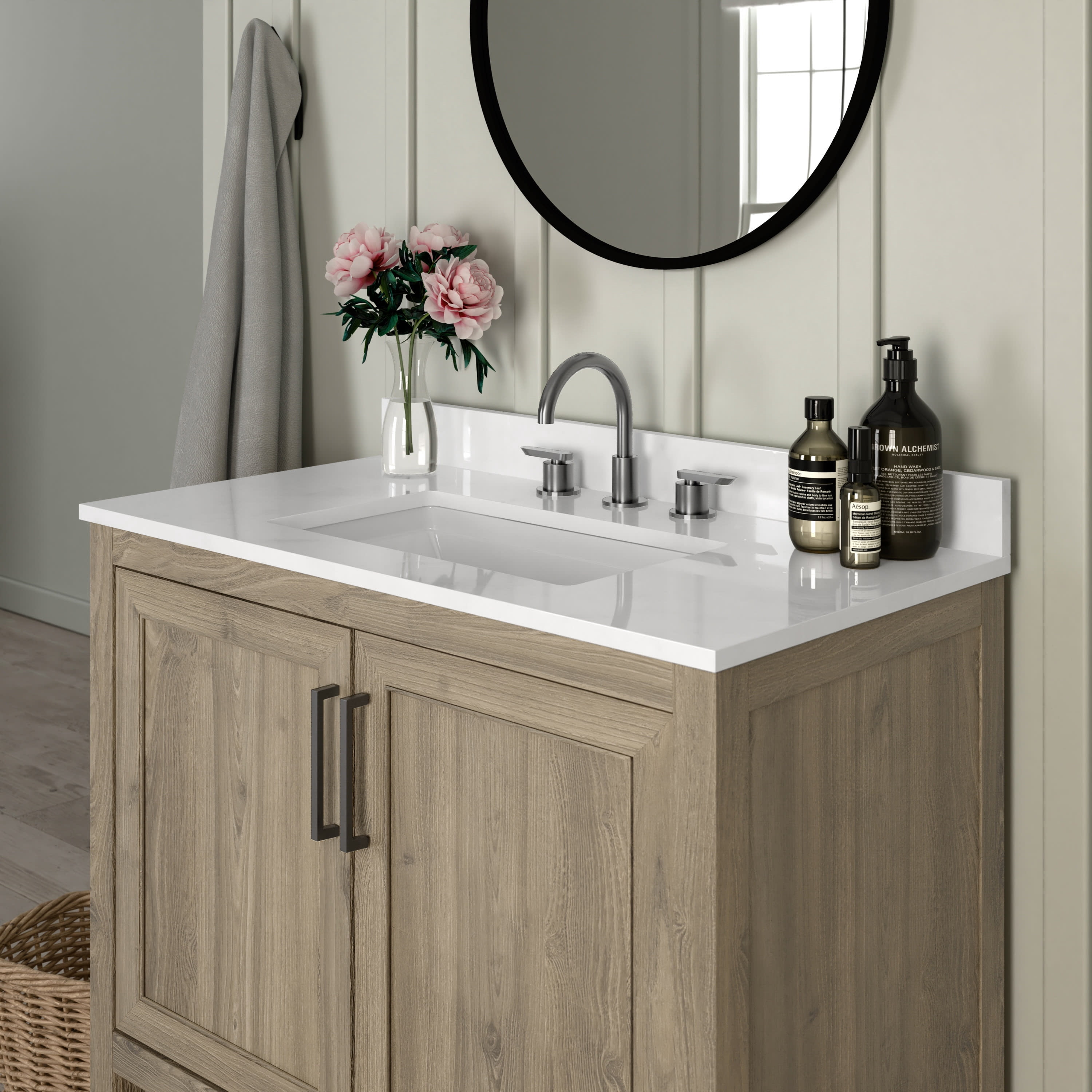 Emma + Oliver 36 Inch Bathroom Vanity, Single Sink Cabinet with 2 Soft Close Doors and Open Shelf, Carrara Marble Finish Countertop, Brown