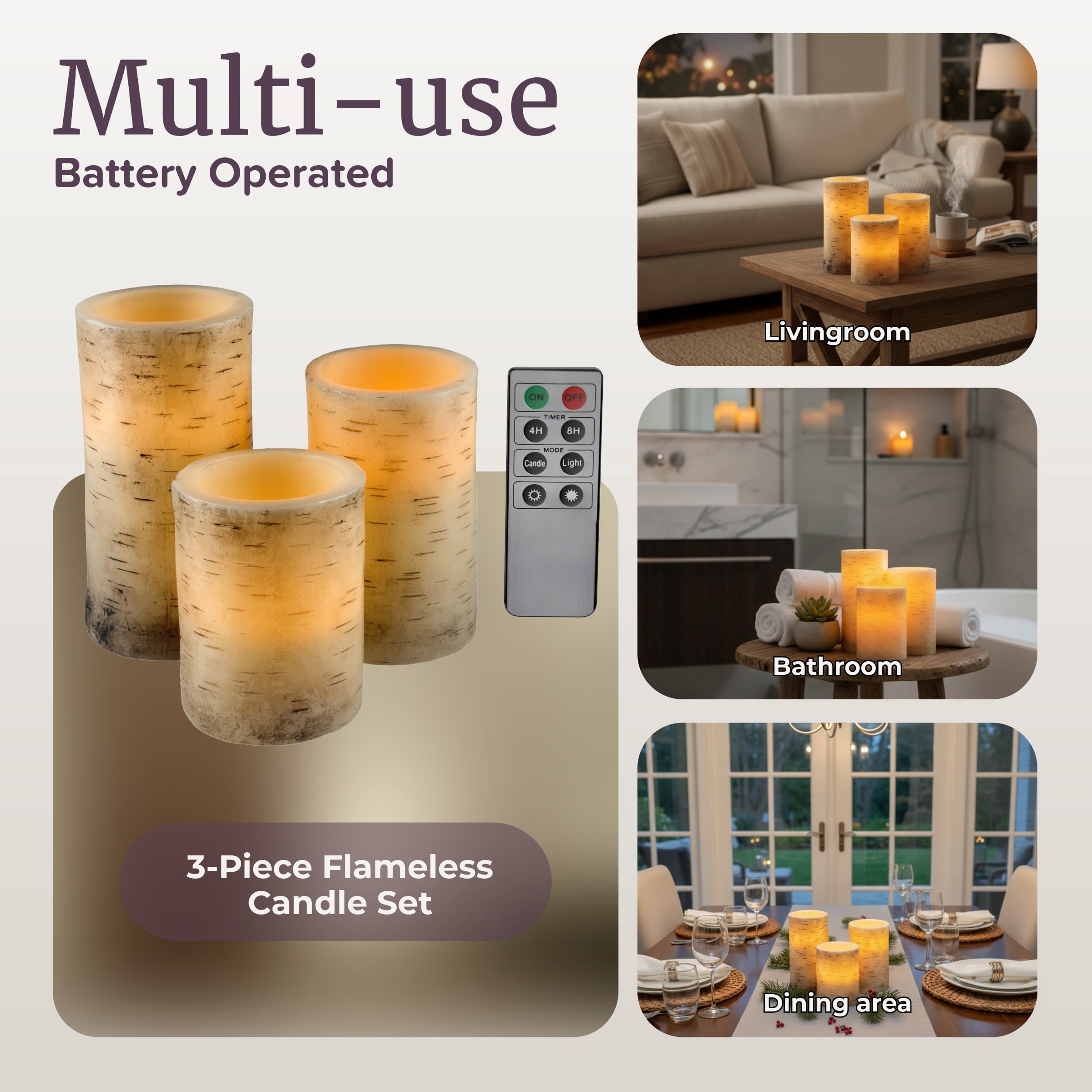 Lavish Home Set of 3 Birch Bark Flameless LED Pillar Candles with Remote Control and Timer