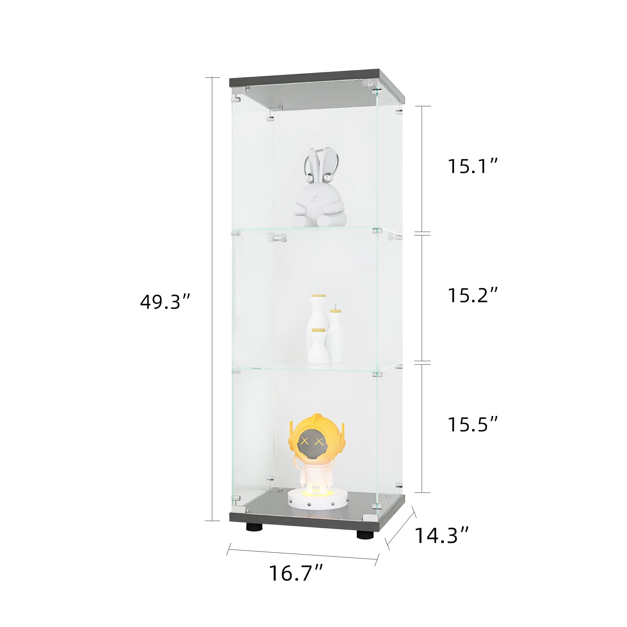 MAYEERTY Glass Display Cabinet with 3 Shelves, One-Door Glass Bookshelf Cabinets, Black, 49.3"×16.7"×14.3"