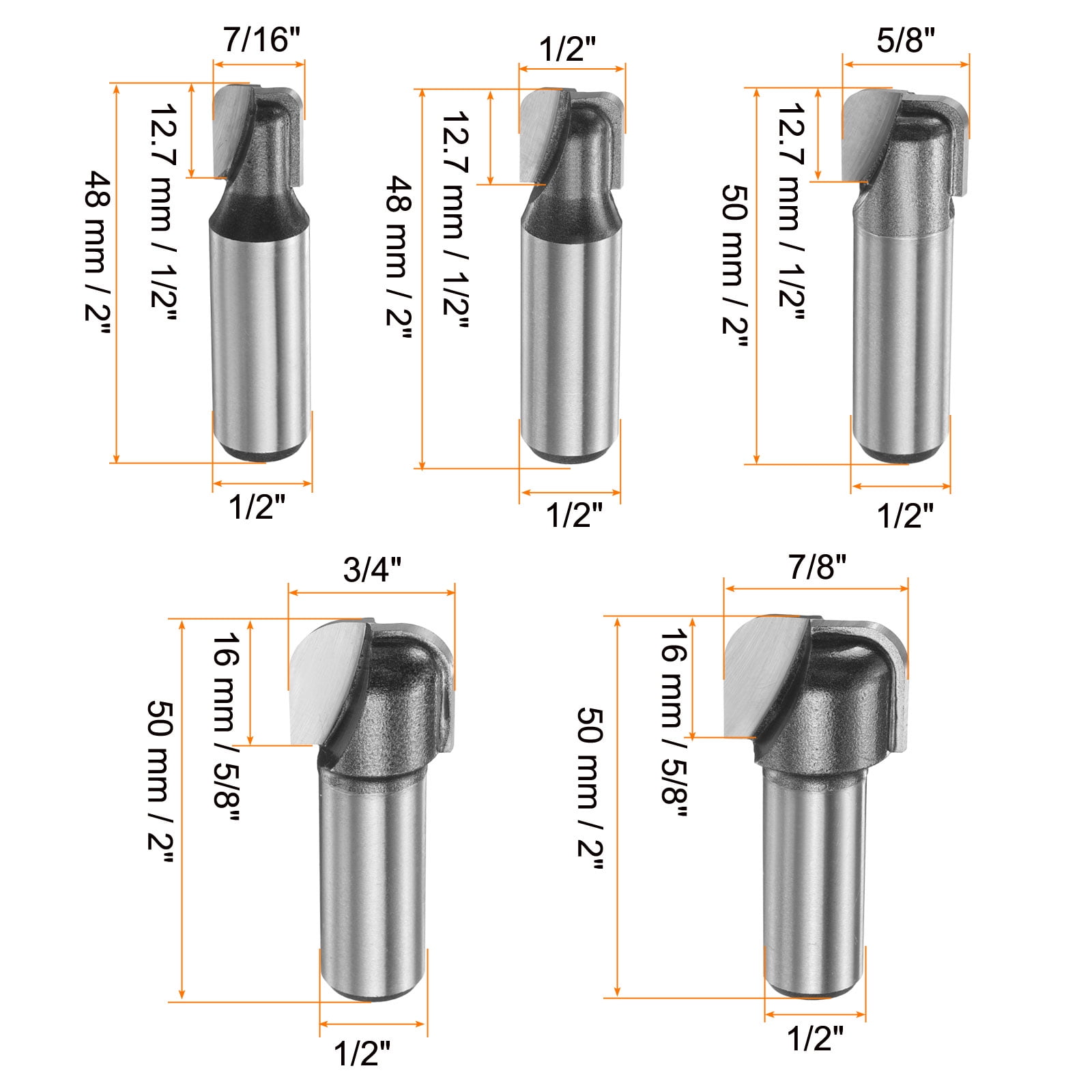 Uxcell 5Pcs Bowl and Tray Bit Set Cutting Diameter 1/2" Shank Radius Carbide Tipped Carving CNC Router Bits for Woodworking Milling