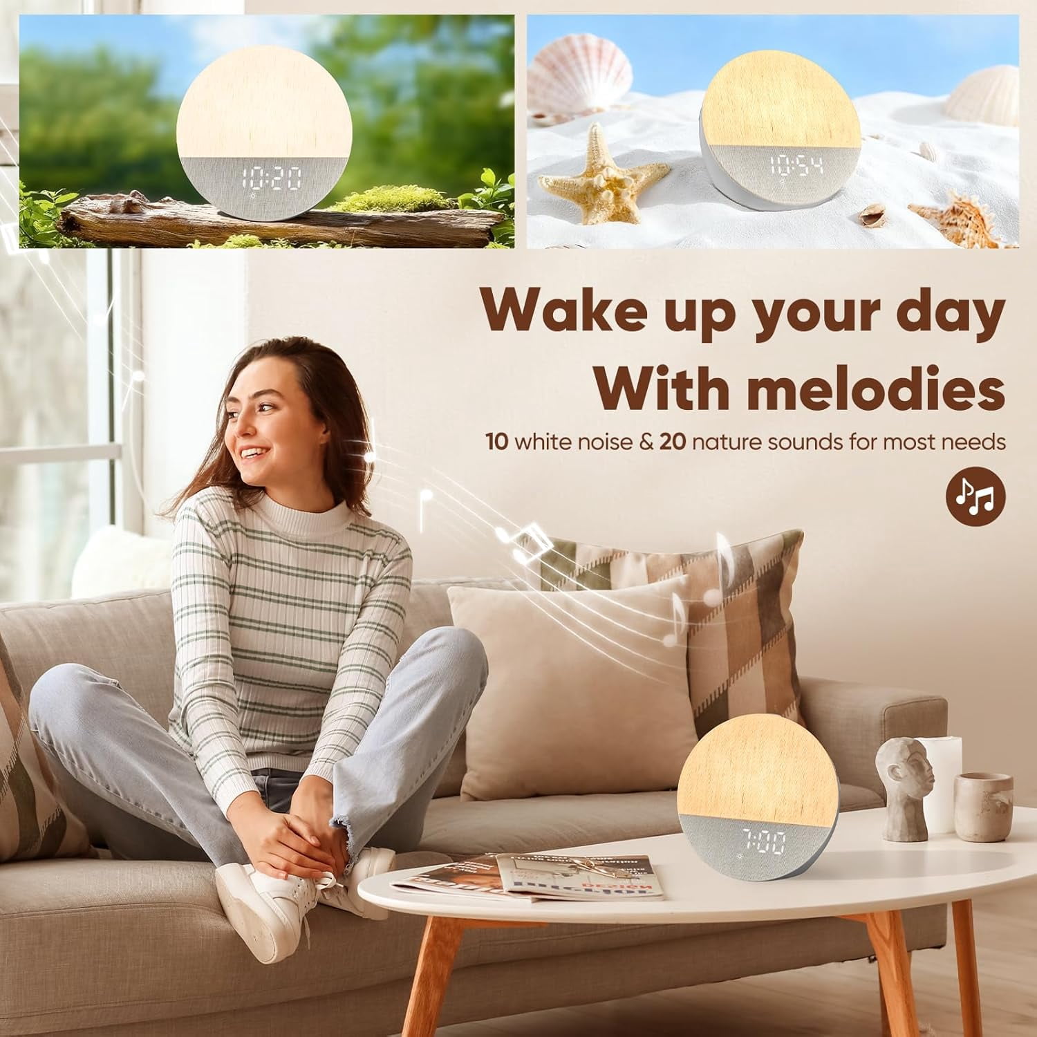 Clock Fabric Dimmable Night Light for Heavy Sleepers, Sunrise Wake Up Light, White Noise Machine for Baby, Dual Alarm Function 30 Sleep Sounds, with 17 Light Effects