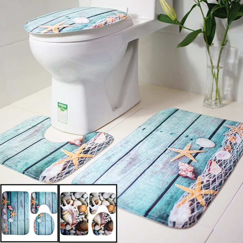 3 Pcs Turtle Bathroom Mat Set Non-Slip Rug Contour Mat Soft Toilet Mat Lid Cover 