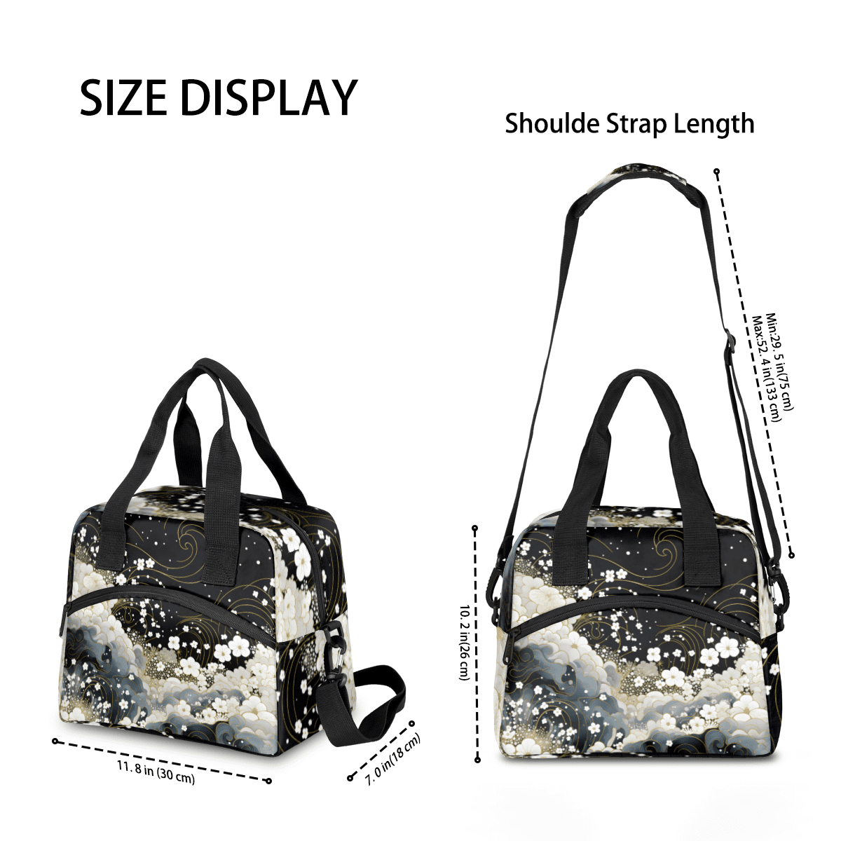 Herdesigns Floral Black White Insulated Lunch Bag for Women Men Adults Large Reusable Lunch Box Flowers Leakproof Cooler Tote Bags with Adjustable Shoulder Strap