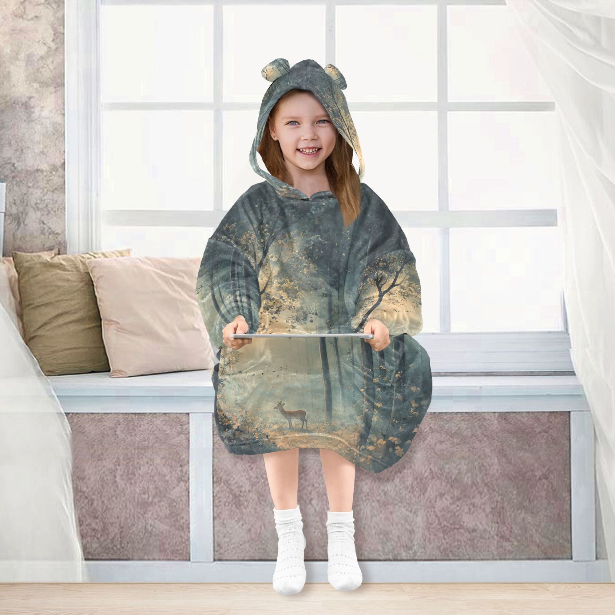 FORMRS Wearable Blanket Hoodie with Sleeves for Kids Cozy Flannel Sweatshirt, Retro Forest