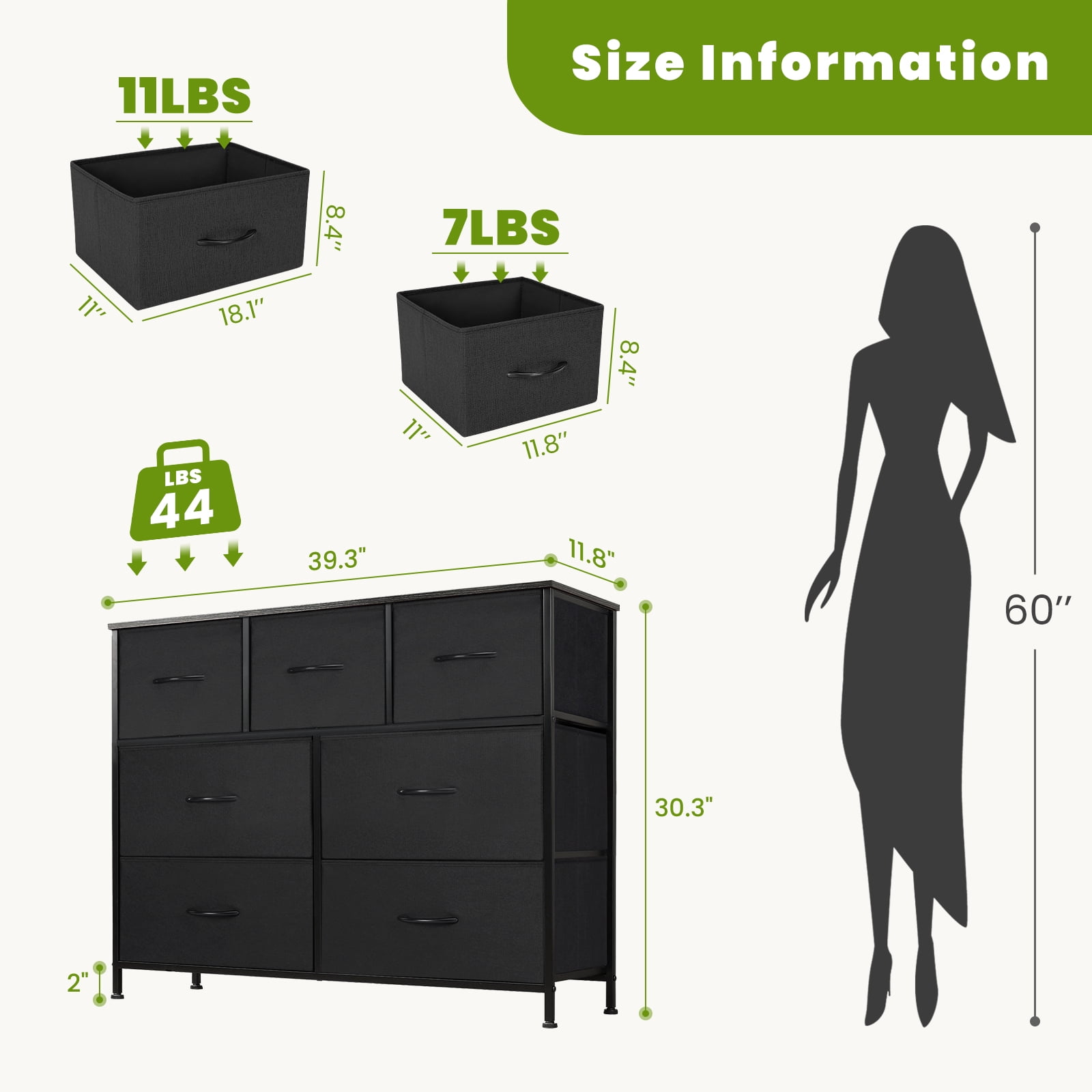 MCQ 7-Drawer Fabric Dresser with Metal Frame & Wood Top – Storage Organizer for Bedroom, Closet, Entryway, Black