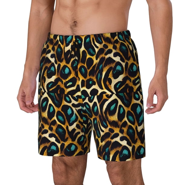 Balery Teal Leopard Bañador para hombre, shorts de playa de secado rápido con entrepierna y forro de compresión-Large