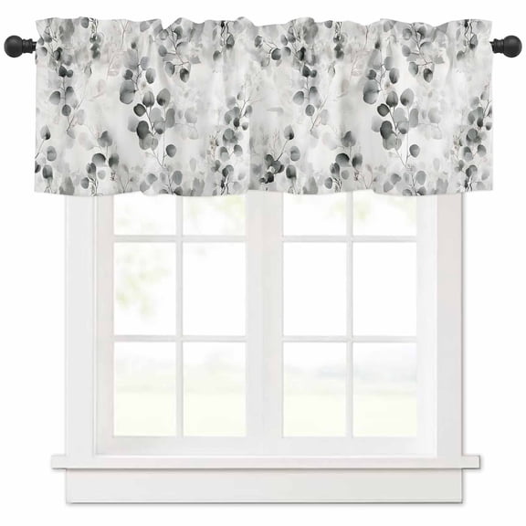 Window Treatment Valance Curtain, Black Eucalyptus Leaves Spring Branch Shade Short Curtain for Kitchen Bathroom Living Room Bedroom Privacy Rod Pocket Drapes 54" W x 18" L 1 Panel