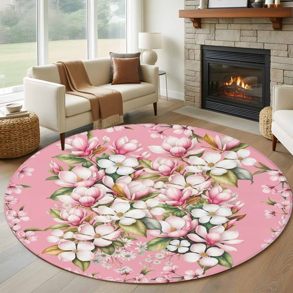 Pink Orchid Flowers Round Area Rug 7Ft Washable Circle Rugs for Dorm Laundry Room, Vintage Floral Leaves Plants Spring Non-Slip Carpet Floor Mats Indoor Outdoor Carpet Runner Aesthetic Home Decor