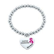 Type 2 Diabetes Pink Ribbon Cancer Survivor Medical Alert ID Stretch Bead Bracelet Heart Shape Charm Tag Custom Engraved