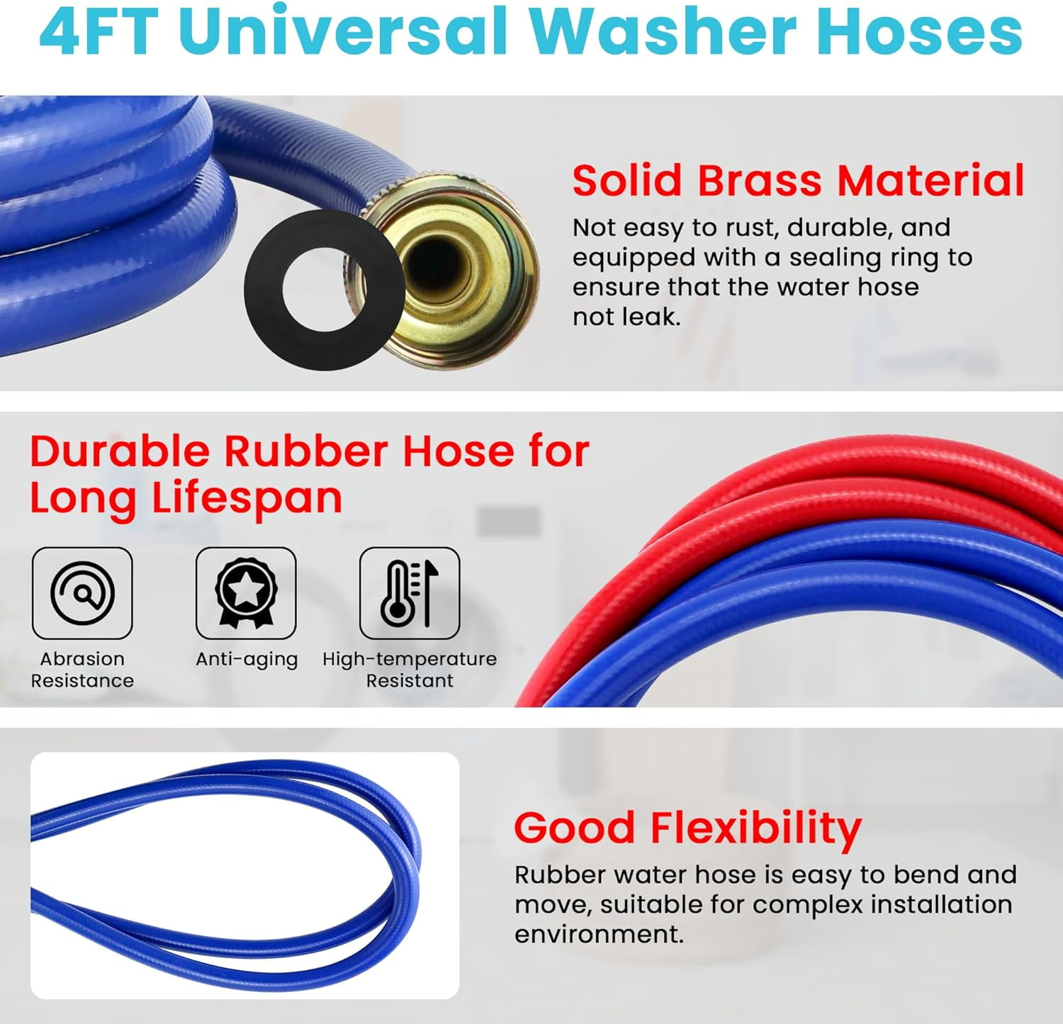 2 PACK 6FT Rubber Washing Machine Hoses Burst Proof Washer Water Hoses for Hot and Cold Water 3/4" Connection Water Supply Lines for ALL WASHERS by Fetechmate - 10 YEAR WARRANTY
