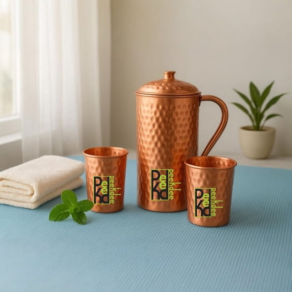 100% Pure Copper Water Jug Copper Pitcher With 2 Tumbler Health Benefits 1.5 Ltr