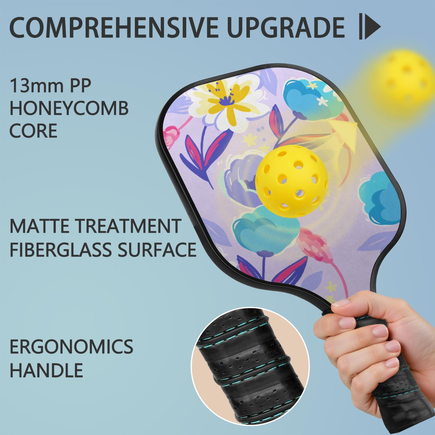 Pickleball Paddles Set Of 1, Fiberglass Surface, Vintage Floral Print, 1 Paddle, 2 Balls & Bag