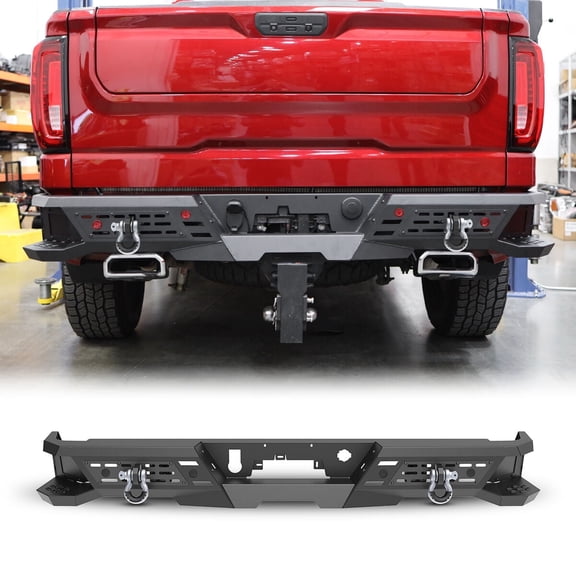 Full Width Rear Bumper for 2019-2026 GMC sierra 1500 & Chevrolet Silverado 1500,for dual-exit exhaust pipe models,with D-Rings,Pod Lights