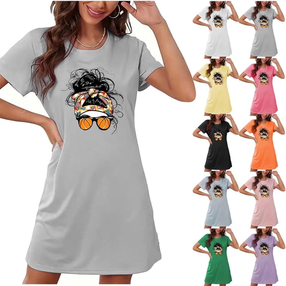 YHAJDS Sleep Shirts for Women Big Size Short Sleeve Sleepwear Tee with Chest Print Round Neck