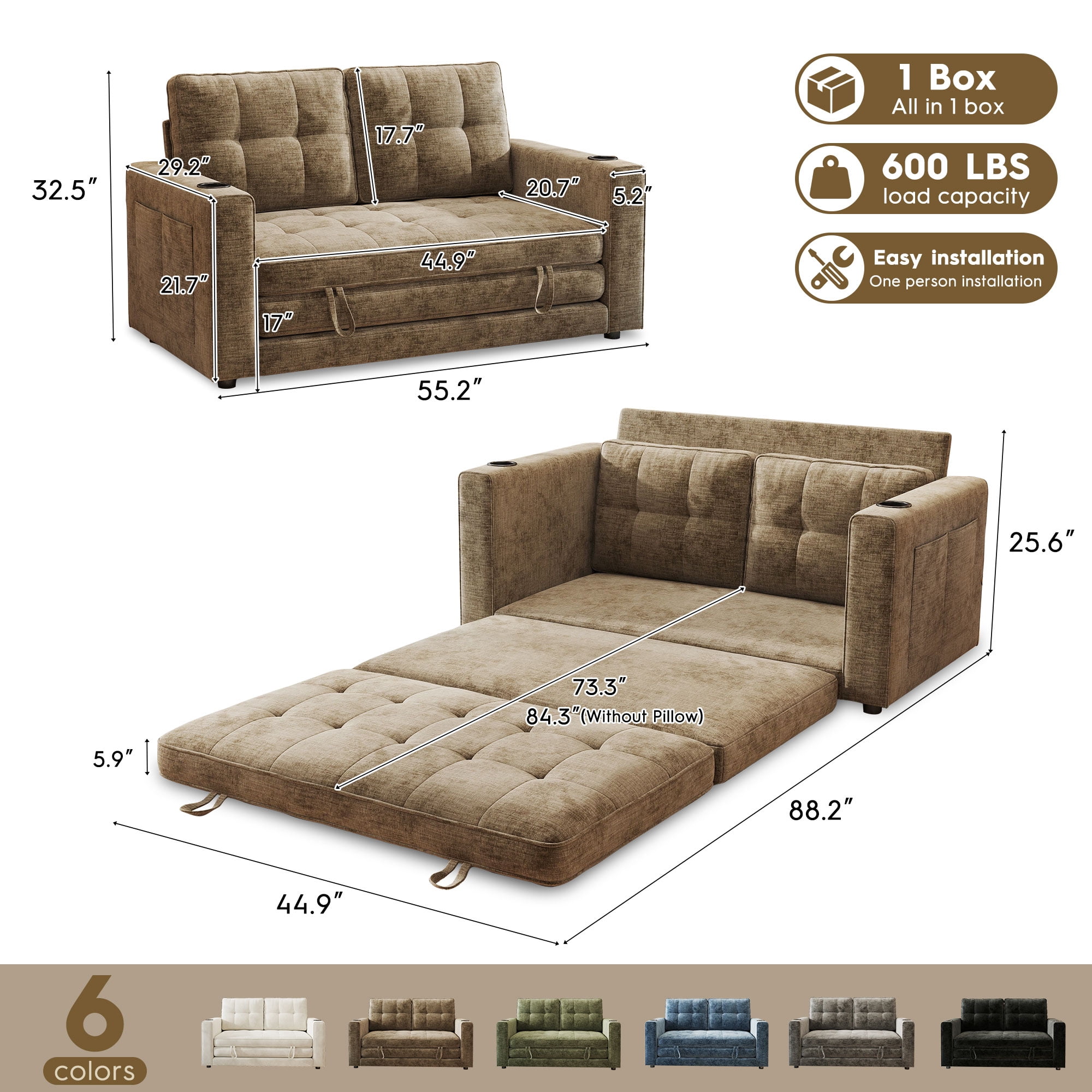 BedLuxury 55" Foldable Loveseat Futon Sofa Bed with Cup Holder & Storage Pocket, Sleeper Couch, Space Saving, Chenille Brown