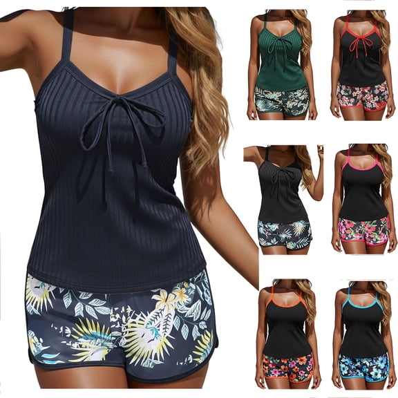 Tqyyweavej Spaghetti Strap Tankini Swimsuits for Women Square Neck Color Block Slim Tankini Top and Floral Loose Swimwear Shorts with Sports Bra