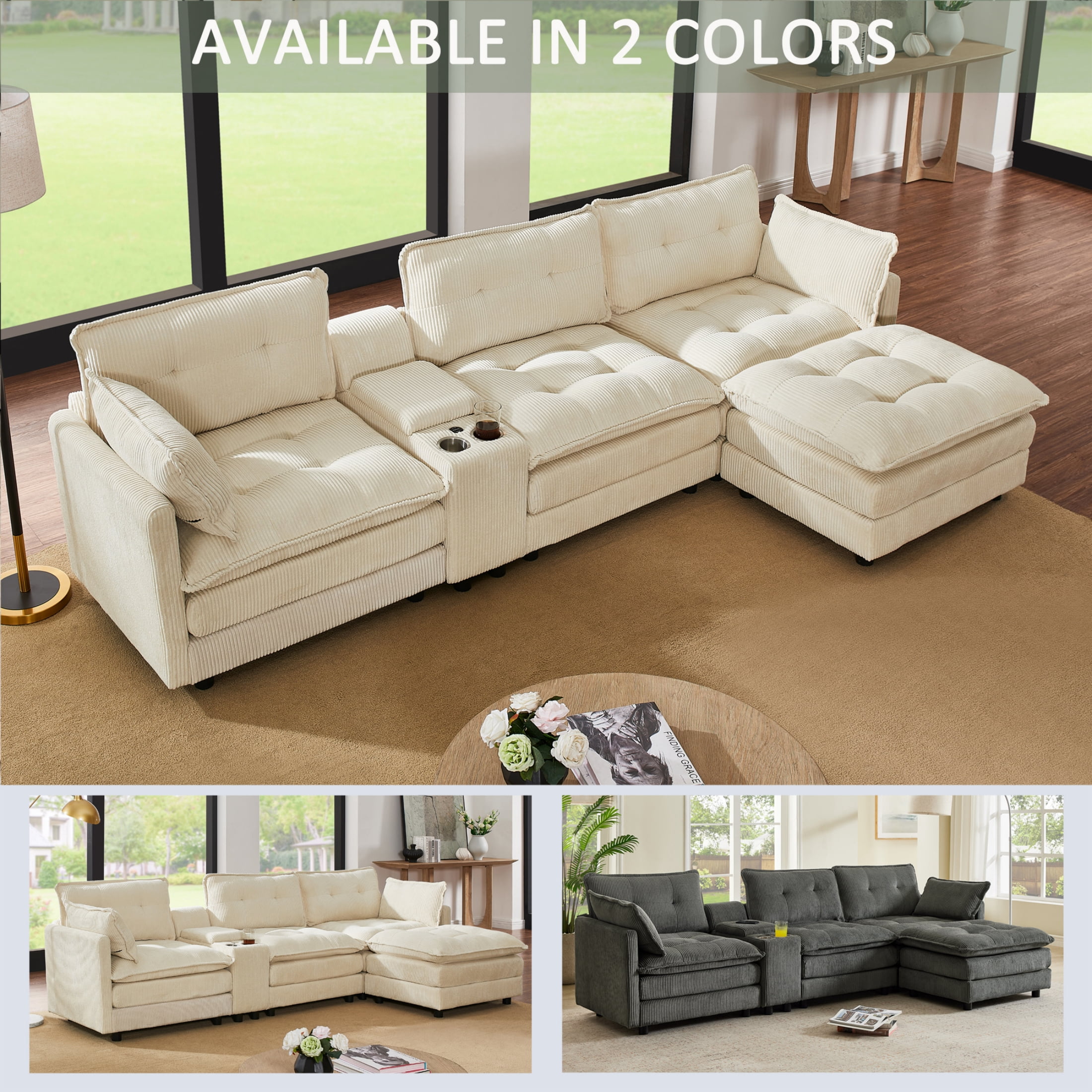 Anpport 119" L-Shaped Modular Sectional Sofa with Removable Ottoman for Living Room, Corduroy, Beige