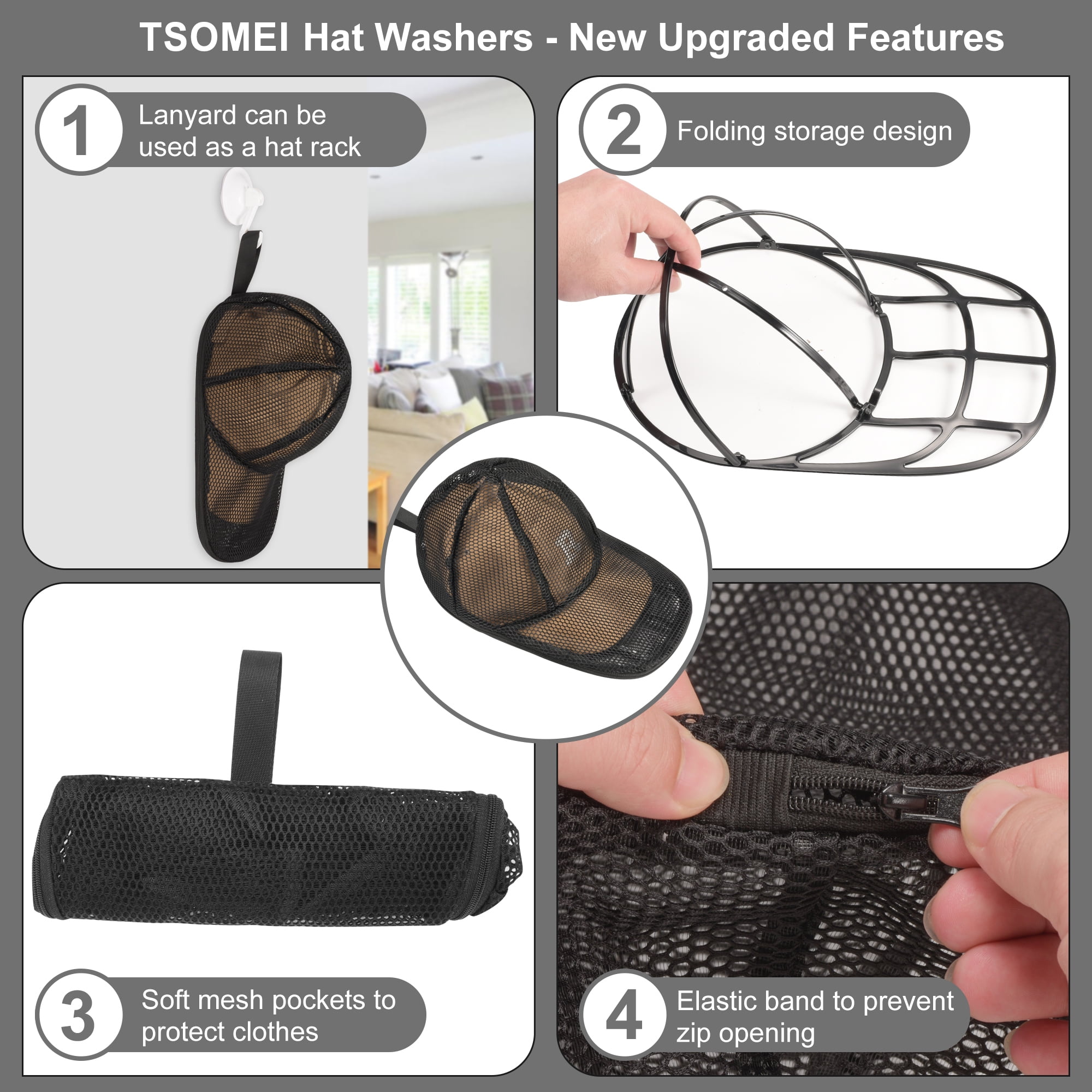 TSOMEI Hat Cleaner for Baseball Cap Foldable Hat Washer Rack for Washing Machines 2 Pcs Black+White
