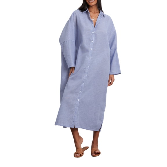 Fall Women Oversized Linen Striped Shirt Dress Maxi Button Down Cotton Blend Long Sleeve Fall Beach Dress Loose