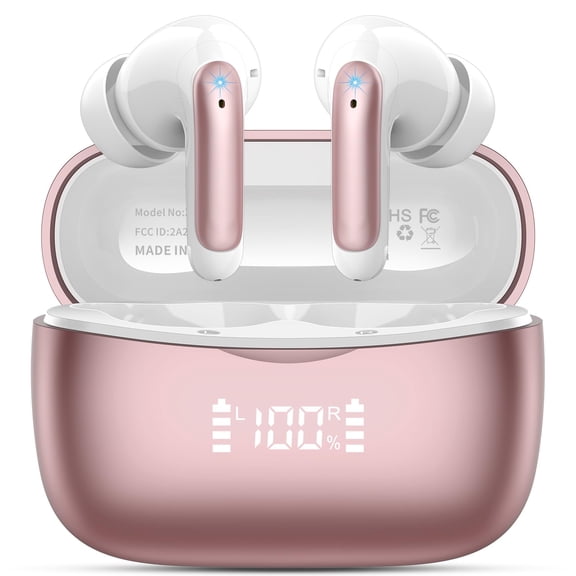Wireless Bluetooth Earbuds Noise Cancelling in Ear Buds Deep Bass Stereo, 50H Playtime with Mics, LED Display, IPX7 Waterproof Earphones for iphone Android Laptop, Rose Gold