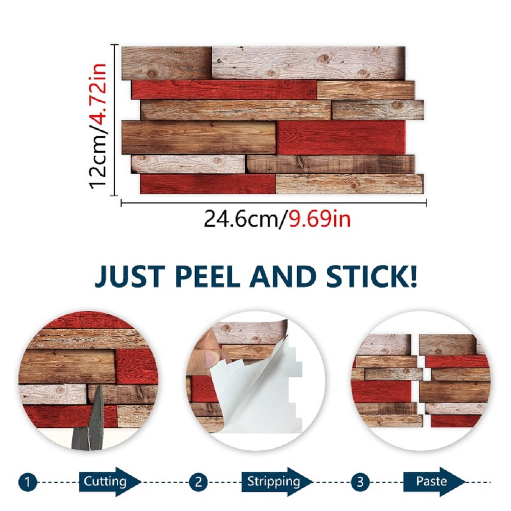 12Pcs Self-Adhesive Wallpaper Retro Red Shaped Wood-Grain
