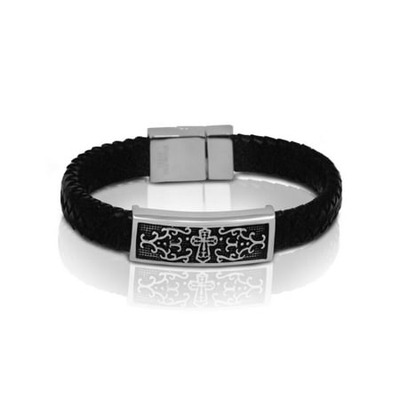 Braided Black Leather Mens Bracelet Carved Cross 8 7 Inch With Safe Braided Black Leather Mens Bracelet Carved Cross 8 7 Inch With Safe Hook 1 2