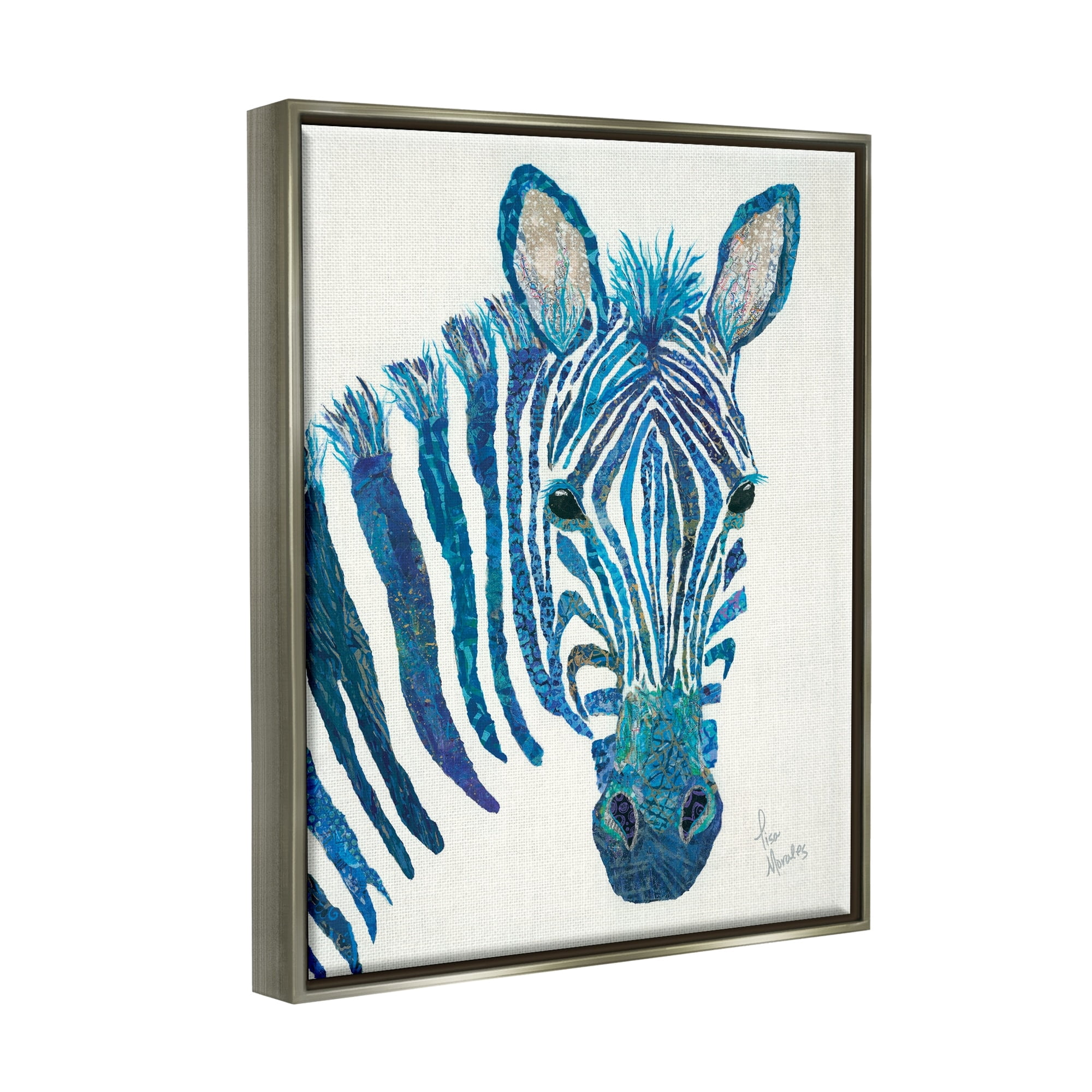 Stupell Industries Blue Zebra Stripes Wildlife Collage Portrait Graphic Art Luster Gray Floating Framed Canvas Print Wall Art, Design by Lisa Morales