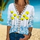 thumbnail image 3 of Blusa de manga 3/4 Top Escote en V Blusa informal con ribete de encaje ajustada Camisa para mujer Citas de verano Amarillo S, 3 of 7