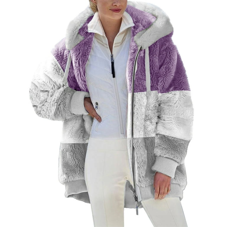 Chiccall Women Fuzzy Fleece Coat Fall and Winter Fashion Color Block Puffy  Fuzzy Lovely Shearling Shaggy Jacket with Hood on Clearance