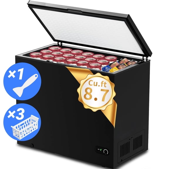 Auseo 8.7 cu. ft. Chest Deep Freezer with Adjustable Temperature, Free Standing Top Open Door Compact Freezer with 3 Removable Basket for Kitchen, Home, Bar, Garage, Office