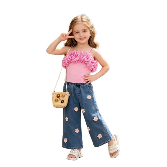 Outfits for Girls 2 Piece Solid Print Square Neck Sleeveless Tank Top And Wide Leg Trousers Daily Wear Baby Girls' Clothing Sets 2 Years-3 Years