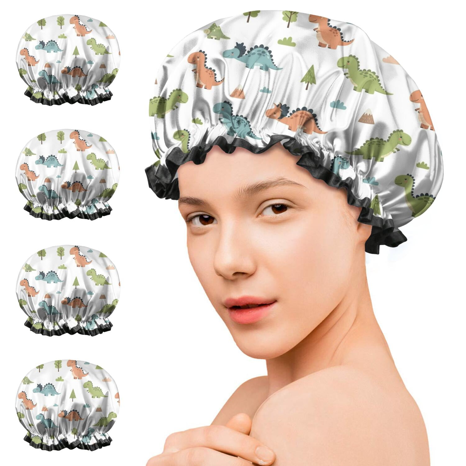 Shower Caps,White Dinosaurs Landscapes Pattern Waterproof Shower Cap for Women 4 Pieces,Double Reusable Hair Cover for Shower PEVA Elastic Stretch Hem