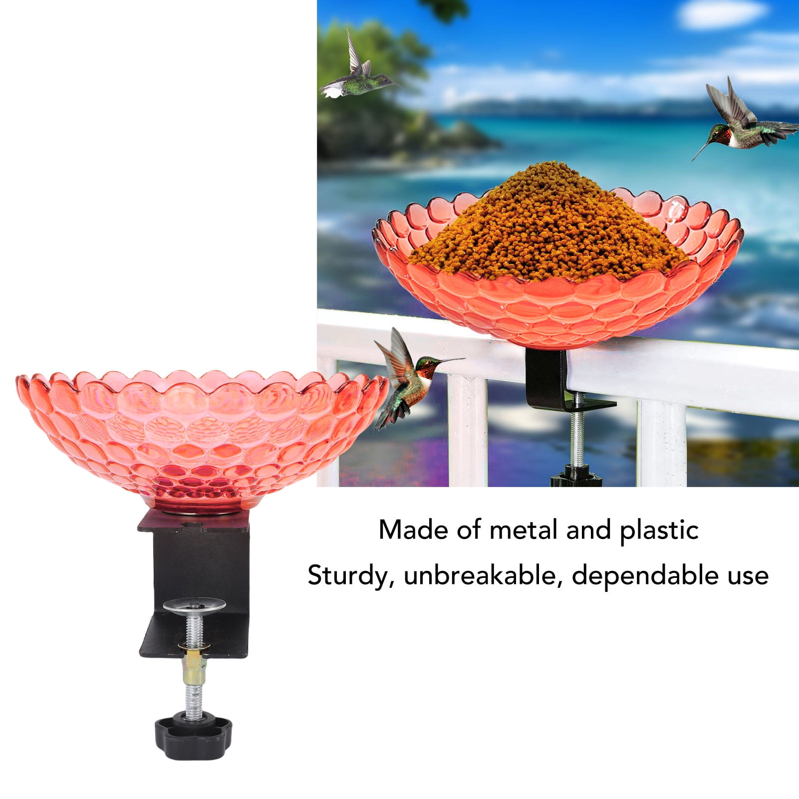 YAHHU Red Deck Mounted Bird Bath Plastic Detachable Outdoor Bird Feeder Water Bowl Adjustable Clamp for Balcony Garden Fence 6.9x5.12 inches / 17.5x13 cm