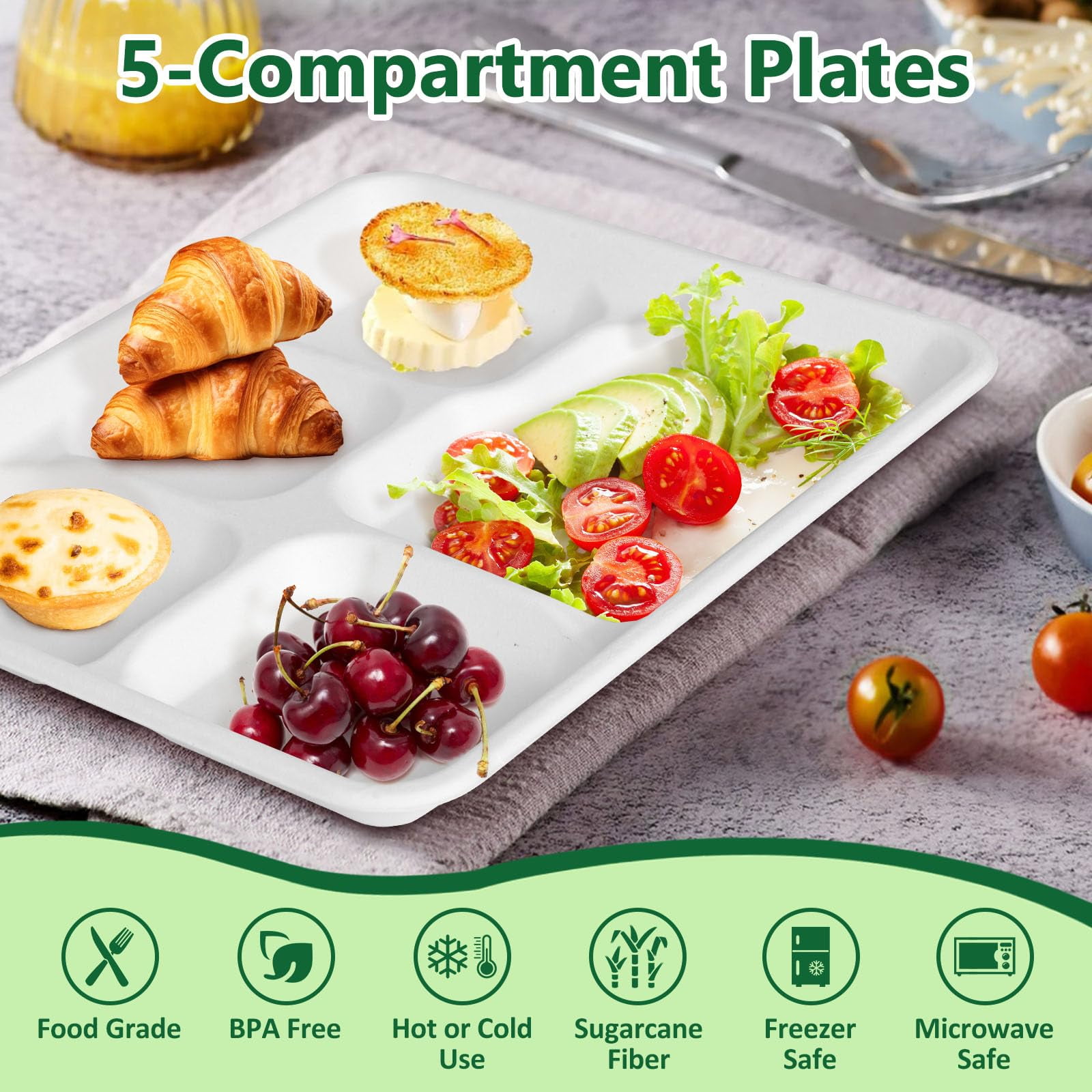 Pony Packaging 100% Compostable 5 Compartment AFN1Plates, 125 Pack White Disposable Paper Plates, 10 * 8 inch Heavy-Duty Divided Disposable Plate for Party Dinner Lunch Buffet