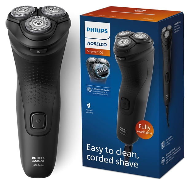 Philips Norelco Shaver 1100 Series, afeitadora eléctrica seca, 27 cuchillas ComfortCut autoafilables, cabezales flotantes 4D, P-Cap, negro profundo, modelo S1016/90