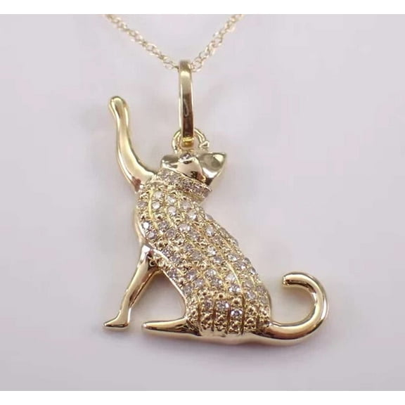 1CT Simulated Diamond 925 Silver Cat Pendant 14k Yellow Gold Plated
