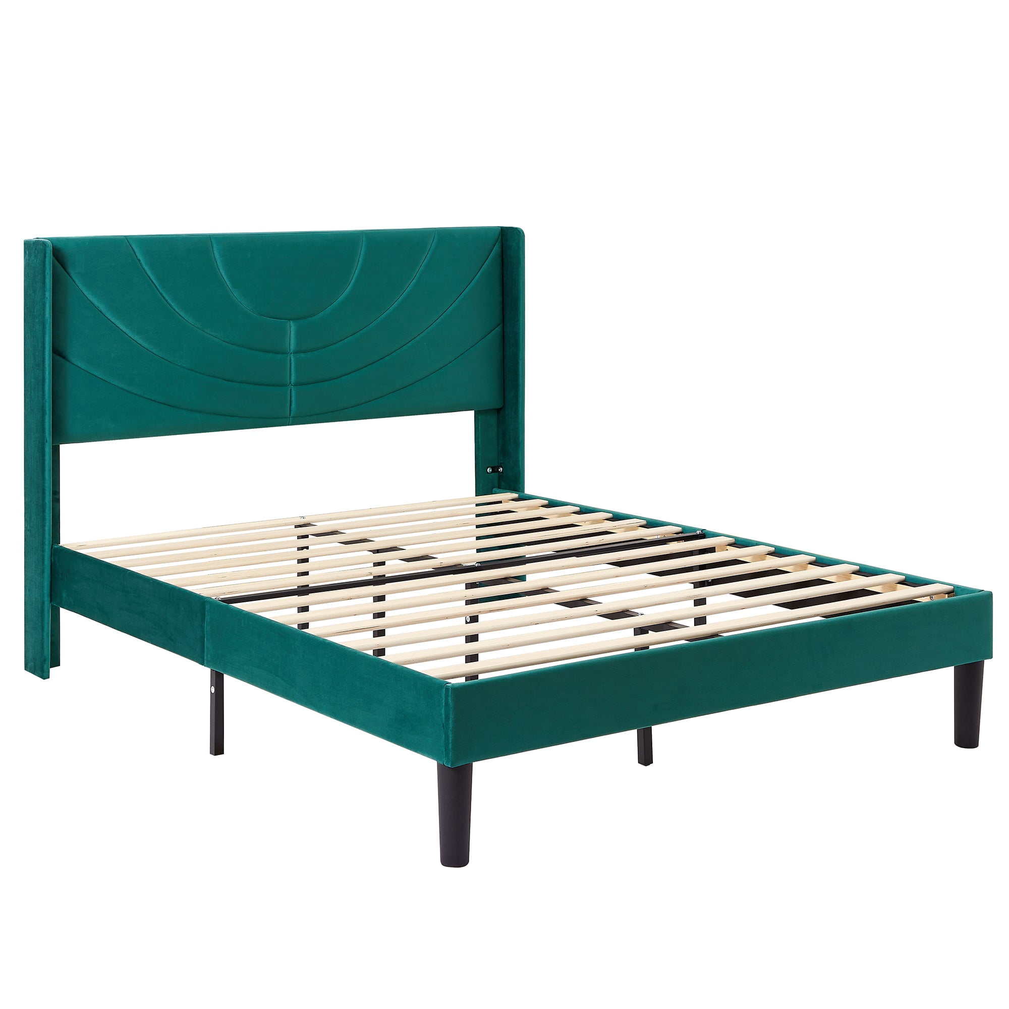 Taomika, Full Size Upholstered Height-adjustable Platform Bed Frame with Wingback Headboard-Dark Green