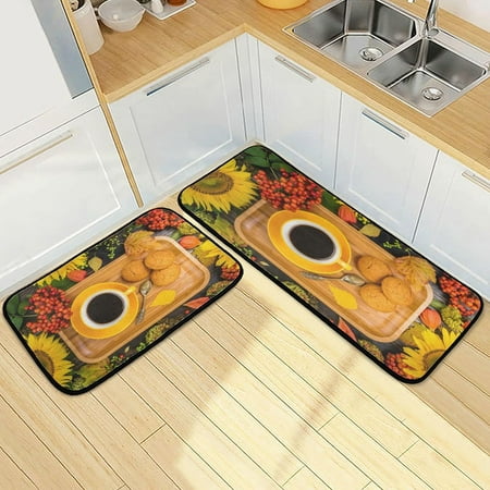

SKYSONIC Fall Coffee Cookies Kitchen Rugs 2 Pieces Autumn Berries Sunflower Floor Mat Room Area Rug Washable Carpet Perfect for Living Room Bedroom Entryway
