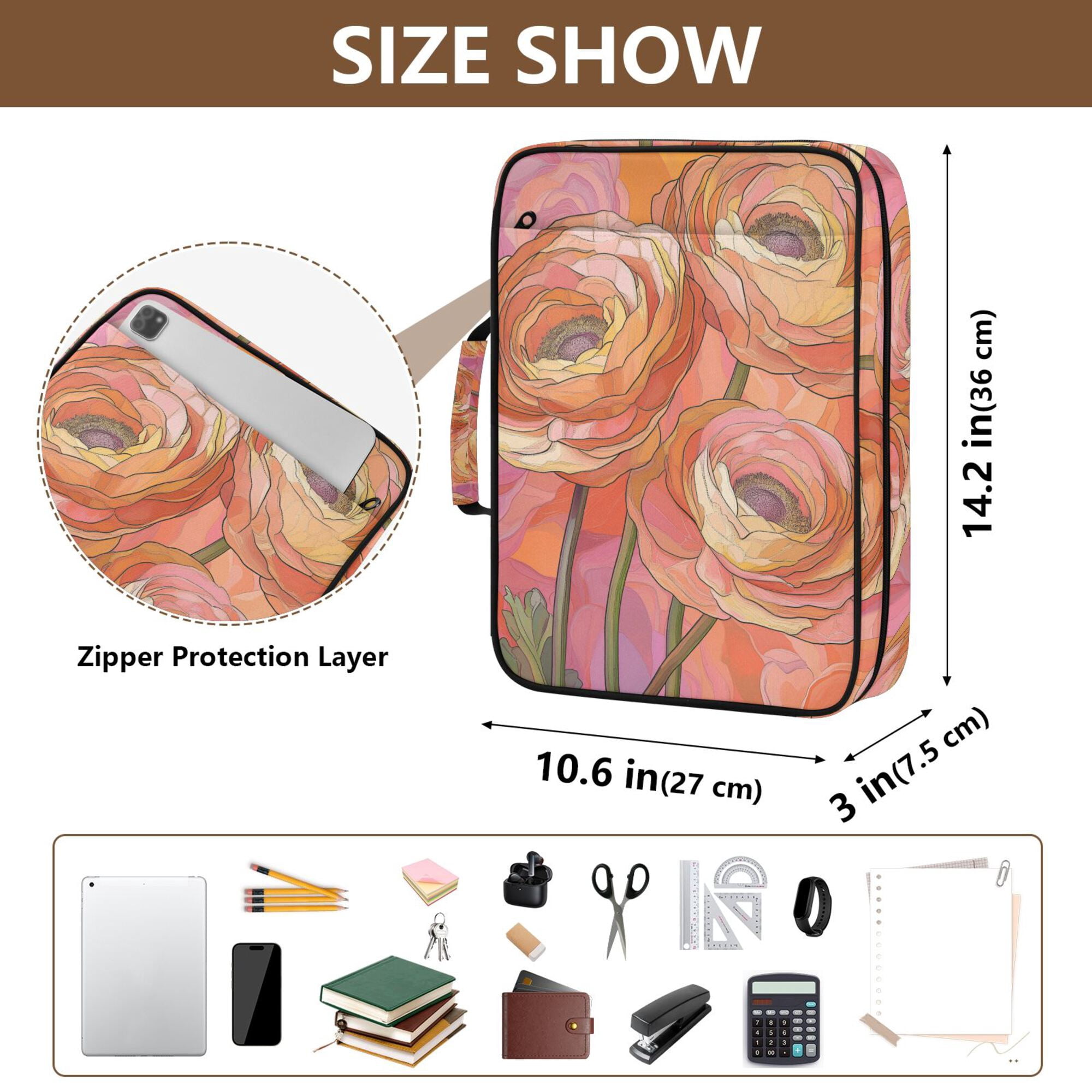 FORMRS Accordion File Folder A4 Size 7-Pocket Expanding Document Organizer Bag with 3 Ring Binder, Abstract Pink Flowers