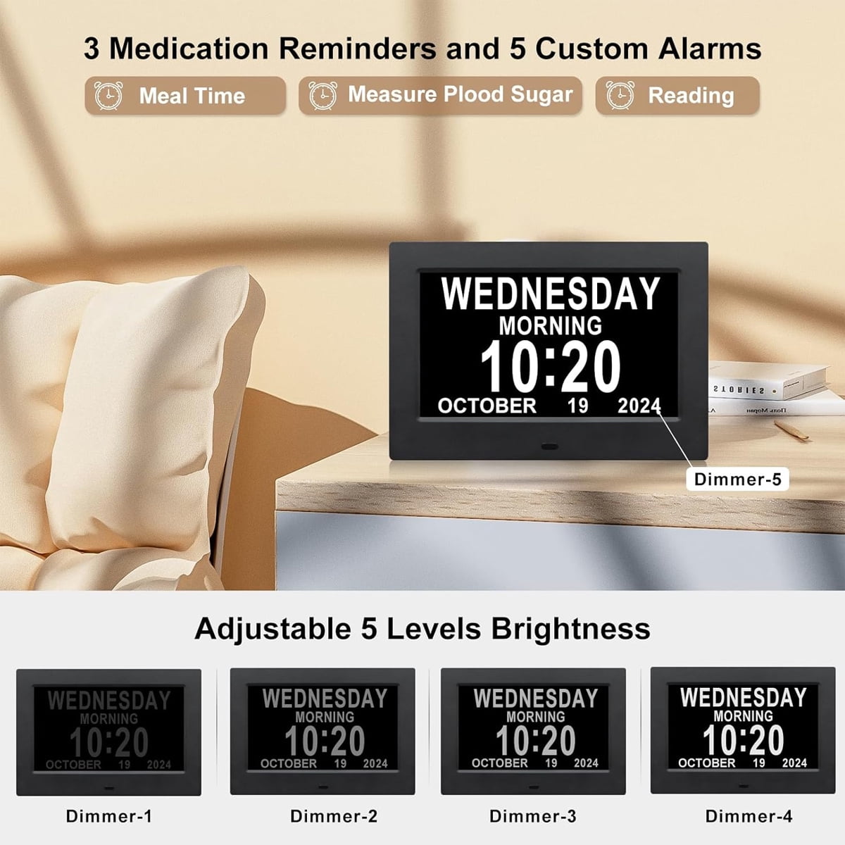 8 Inch Digital Day Dementia Clock For Seniors, Large Medication Reminders Calendar Clock With Day Of The Week, Date Time For Elderly Vision Impaired, Memory Loss, Black