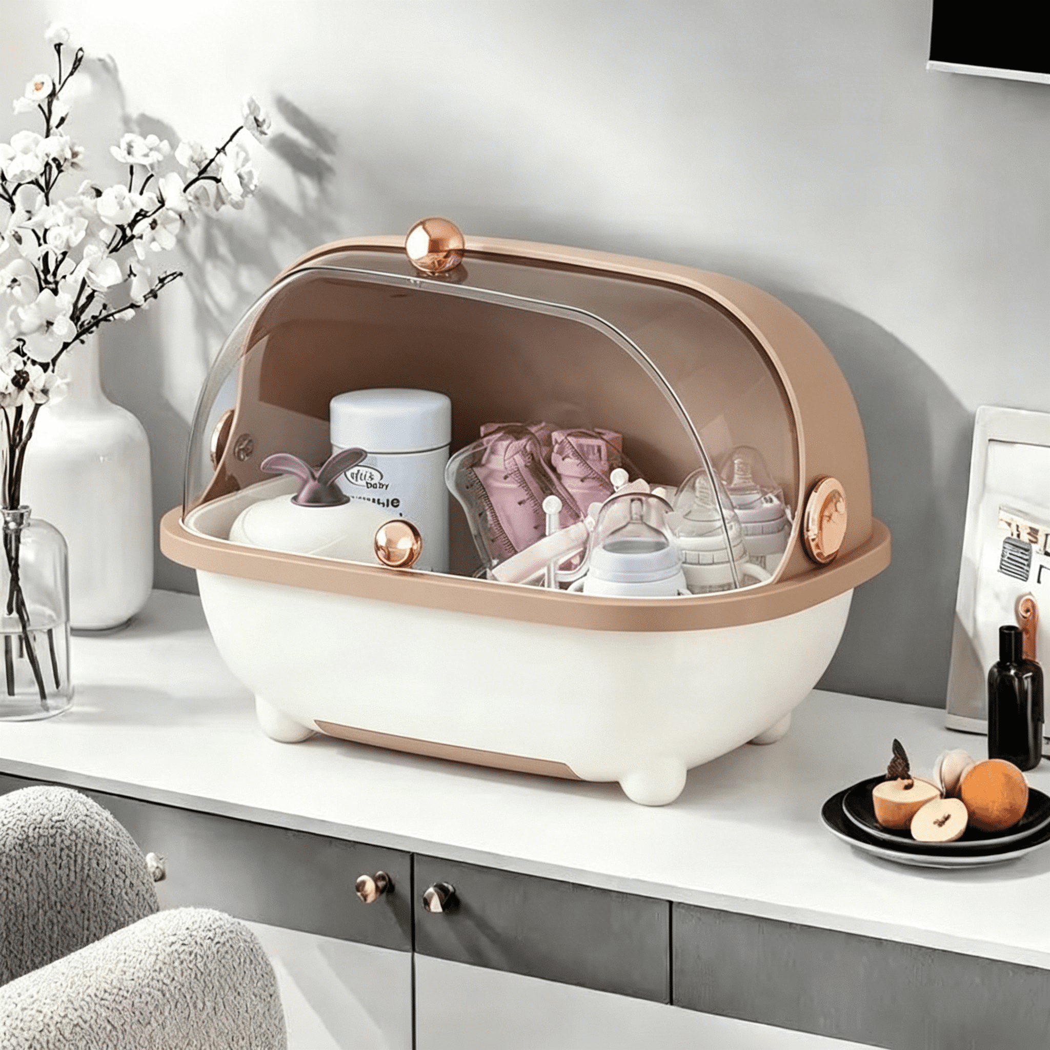 Soluxeo Baby Bottle Drying Rack Storage, Baby Bottle Organizer with Cover ＆ Removable Drain Tray, Dustproof Portable Kitchen Cabinet Organizer, Countertop Dryer