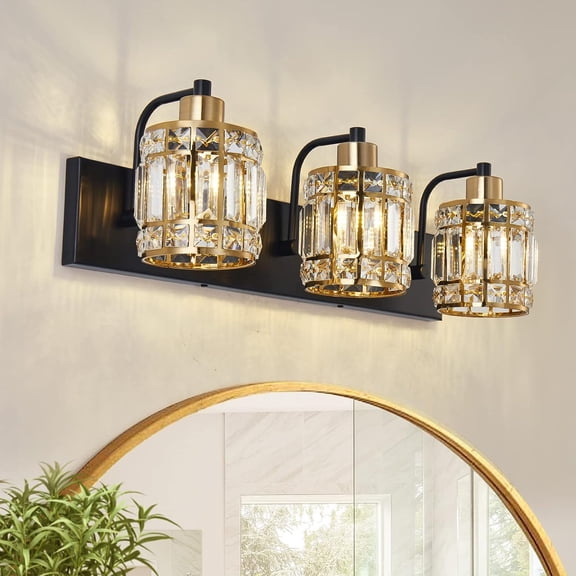 ZXNYH 4-Lights Bathroom Light Fixtures Over Mirror Bathroom Vanity Light Modern Lighting Black and Gold Brushed Brass with Crystal Lampshade for Dressing Table…