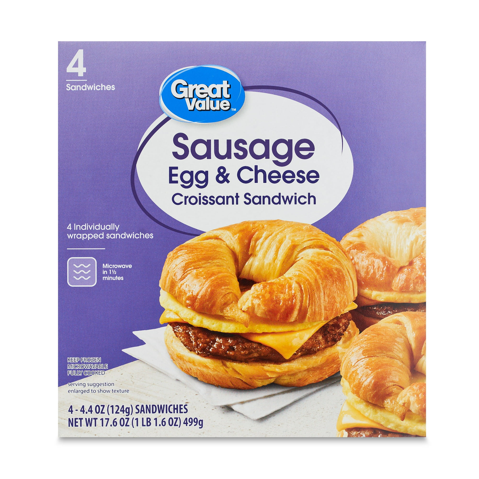 Great Value Croissant Sandwiches Sausage Egg and Cheese, 4.4 oz, 4 Count (Frozen)