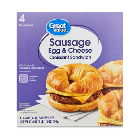 Great Value Croissant Sandwiches Sausage Egg and Cheese, 4.4 oz, 4 Count (Frozen)