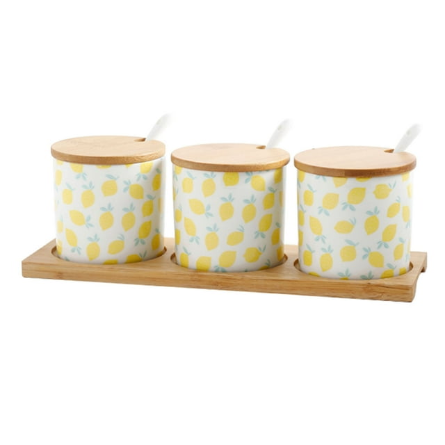 Cute Cartoon Sugar Bowl With Spoon, Fruit Pattern Sugar Container, Porcelain Moisture And Dustproof Spice Jars, Sugar Pot With Lid-lemon-200ML