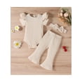 thumbnail image 2 of Baby Girl Ribbed Bell Bottom Outfits Set Short Sleeve Romper + Flared Trousers + Headband 3 Pieces, 2 of 9