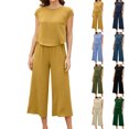 thumbnail image 1 of Ensemble de Mode pour Femmes 2 Pcs, Haut à Manches Courtes Col Rond + Pantalon Ample avec Poches, Tenue Décontractée Mode Urbaine, pour Usage Quotidien, Mélange de Coton Léger, Tenue Polyvalente, Tendance Mode, Robe d'Été, 1 of 9