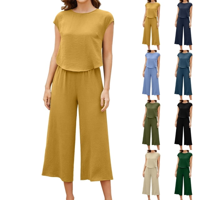 Ensemble de Mode pour Femmes 2 Pcs, Haut à Manches Courtes Col Rond + Pantalon Ample avec Poches, Tenue Décontractée Mode Urbaine, pour Usage Quotidien, Mélange de Coton Léger, Tenue Polyvalente, Tendance Mode, Robe d'Été