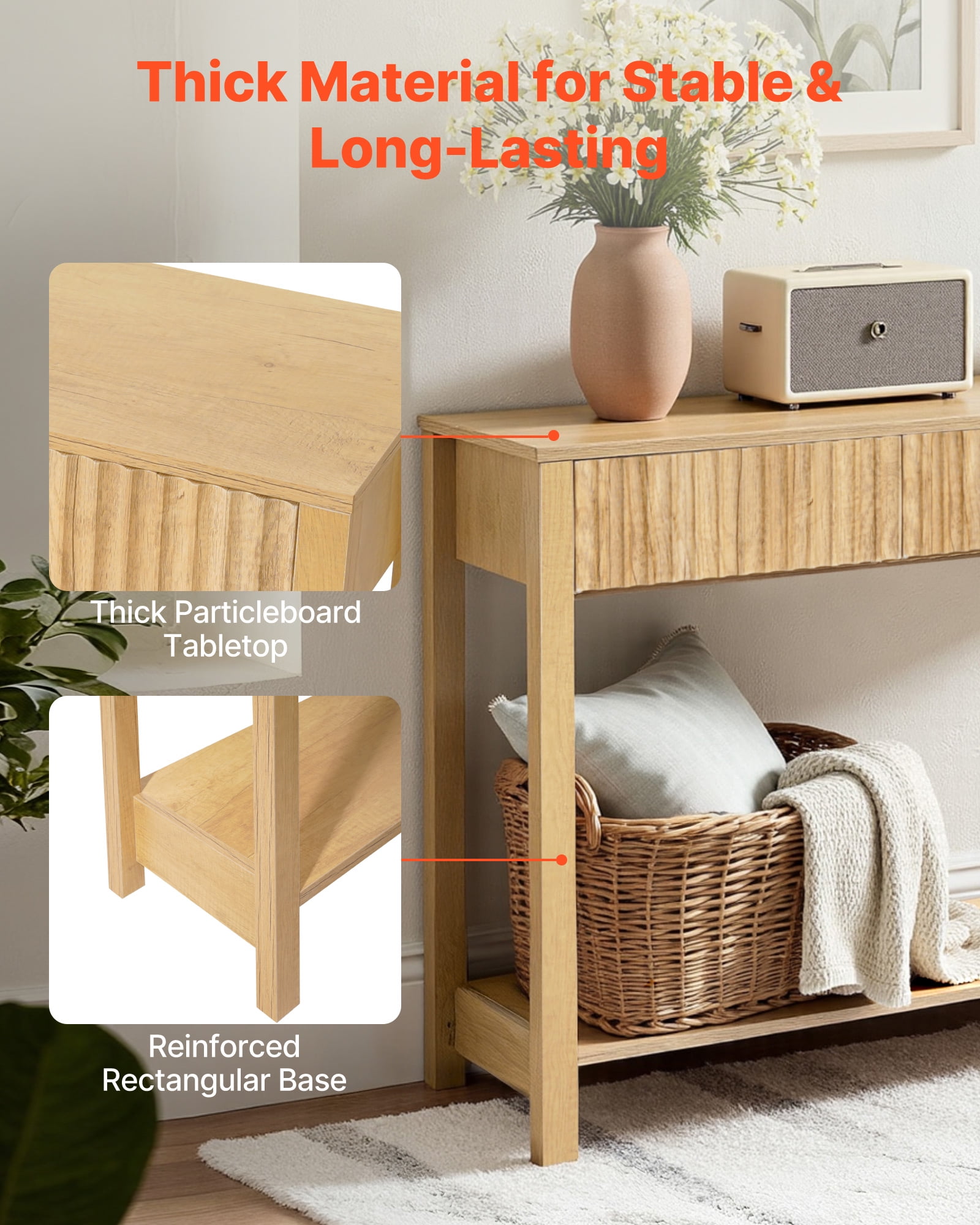 VEVOR 47 in Console Table, Farmhouse Desk Behind the Couch with Drawers and Bottom Storage Shelf, Wooden Rectangle Entrance Narrow Sofa Table for Hallway, Bedroom, Living Room, Foyer, Burlywood